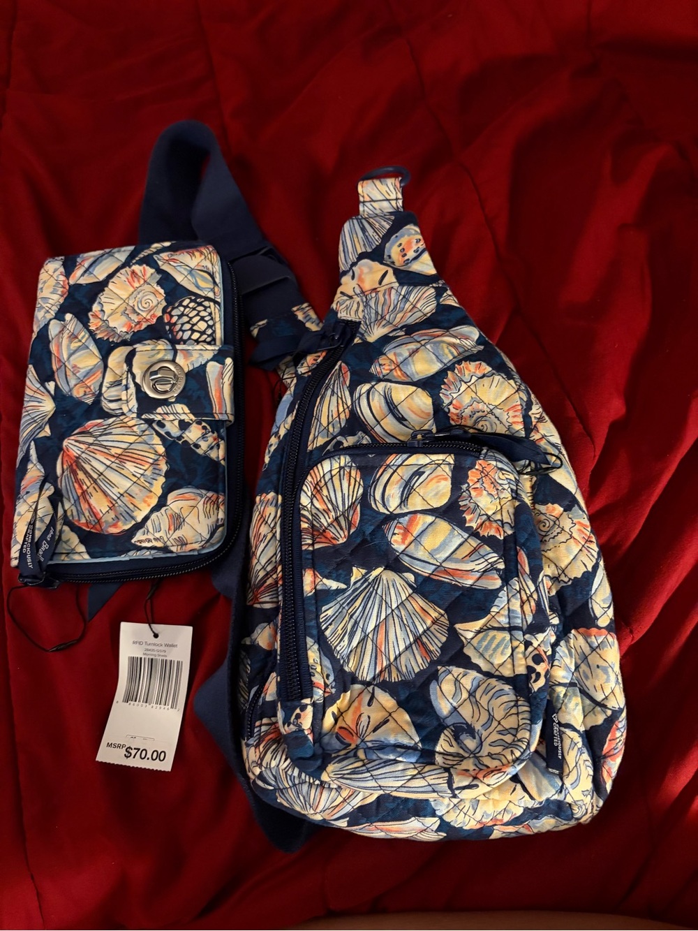 Vera Bradley Navy Shell Print Quilted Sling Bag